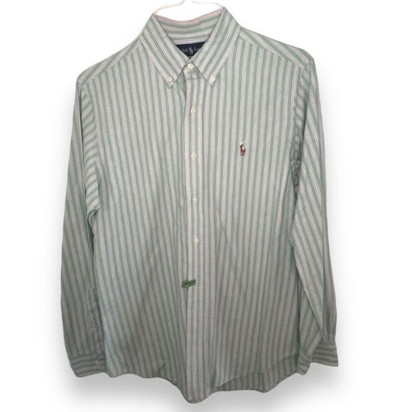 Ralph Lauren Mens Shirt Custom Fit Button Down Long Sleeves Striped Green Medium - Picture 1 of 9